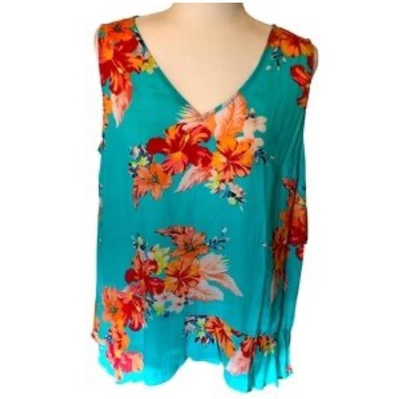a.n.a Tops - a.n.a tank top with flutter bottom aqua blue, orange, red yellow flowers small